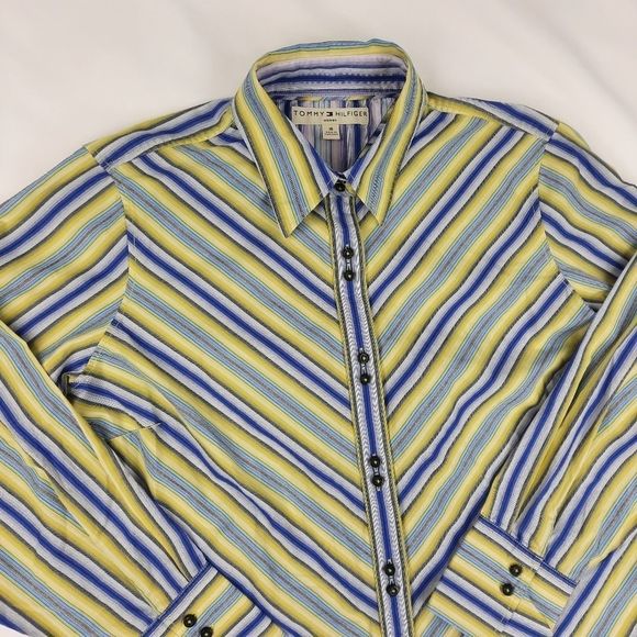 Tommy Hilfiger blouse womens 16 cotton double button diagonal stripe blue yellow - Picture 7 of 16